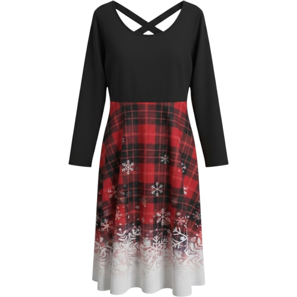 Plus Size Dressfo Women's Christmas Plaid Snowflake Crisscross Back Flare Dress